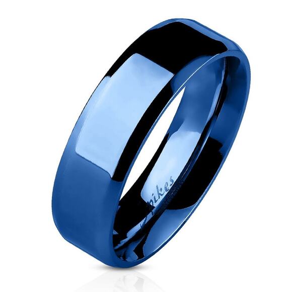 Beveled Edge Flat Band Blue IP Over Stainless Steel Ring 6mm width 12 - Picture 2 of 2